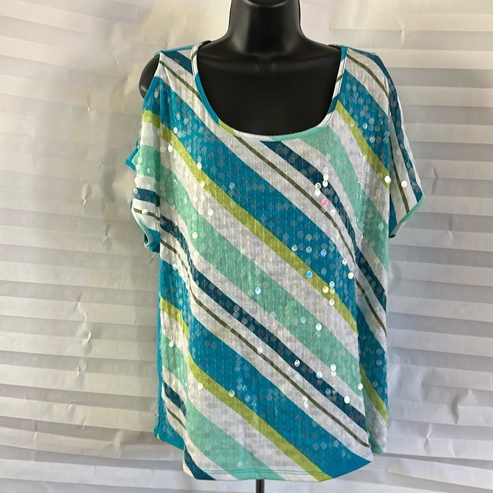 Faded Glory Women's 1X Aqua Blue Striped Short Sleeve Top Cutouts Sequins Blouse